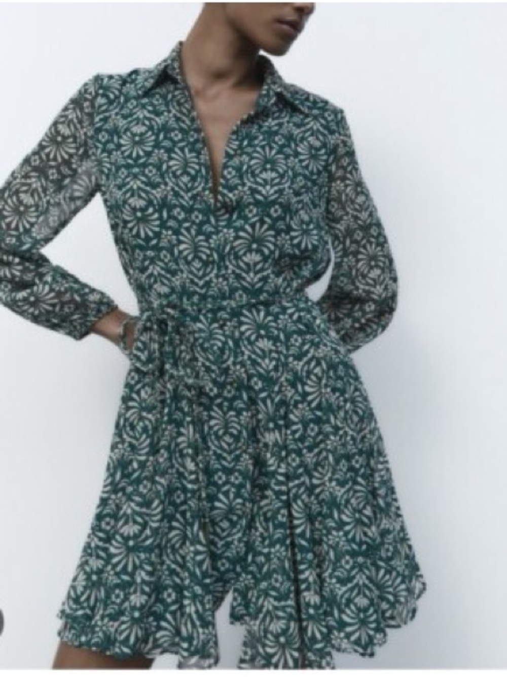 Zara Dark Green and White Floral Wrap Mini Dress